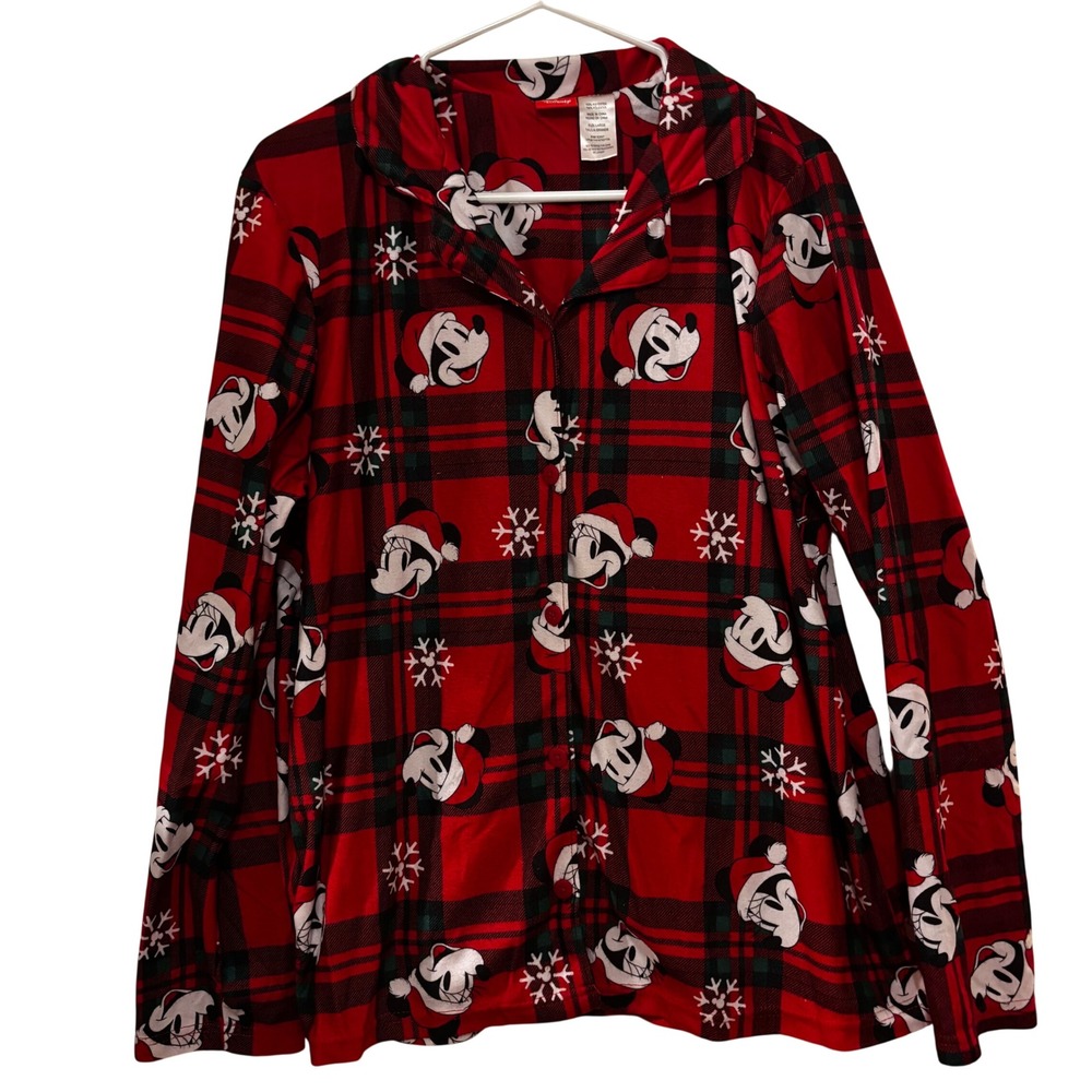 Disney‎ Mickey Mouse Women's Pajama Top Large Plaid Button Front Red